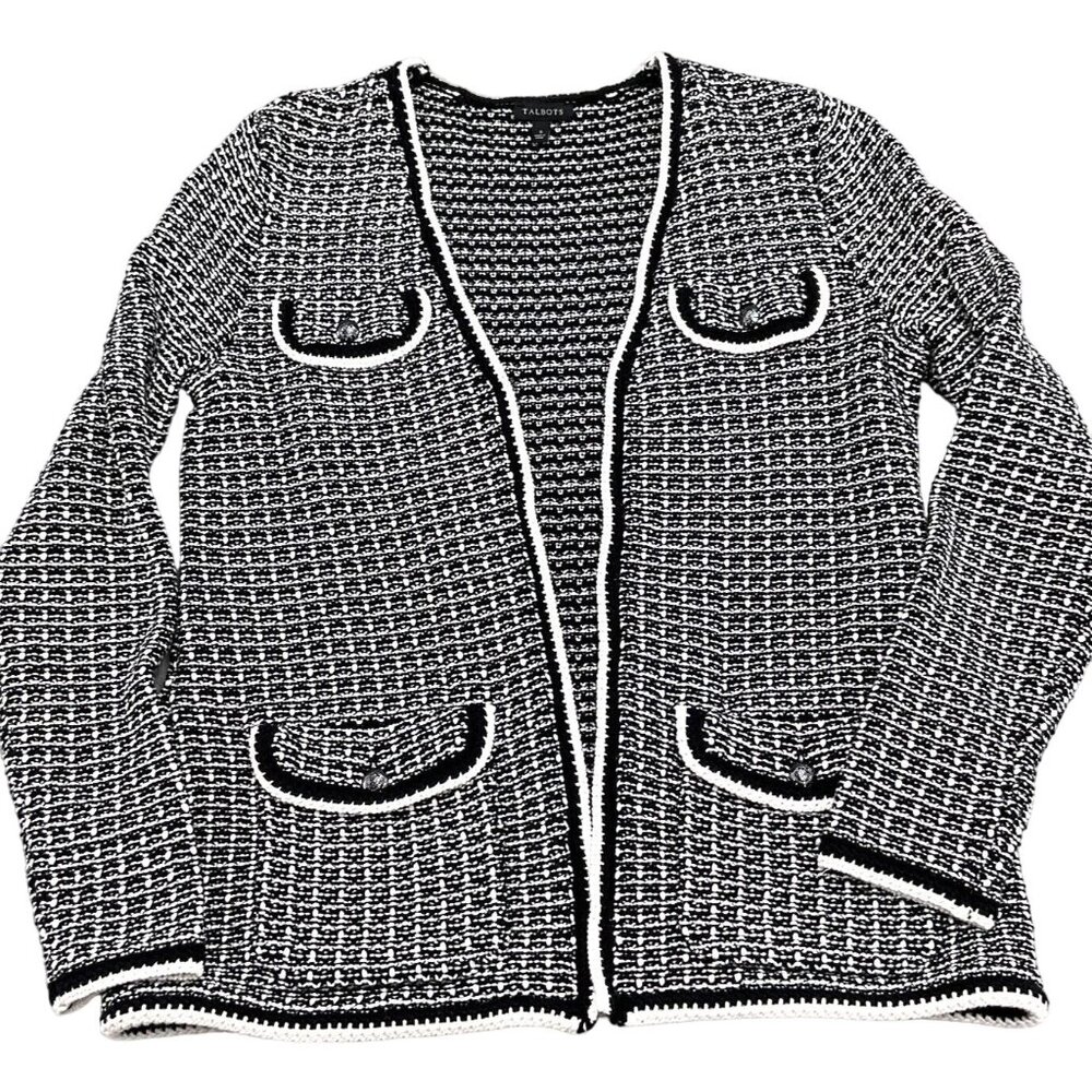 Talbots Cardigan Women Small Black White Boucle Classic Metal Shield Buttons
